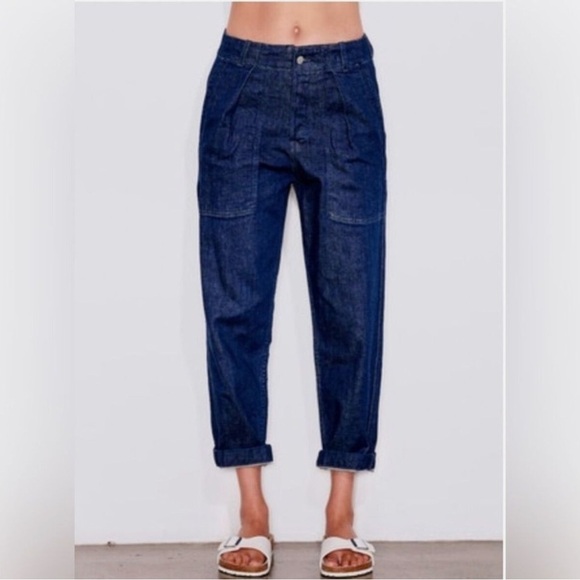 Sundry Dark Blue Wash High Rise Pleated Military Relaxed Fit Denim Pants 28 NWT